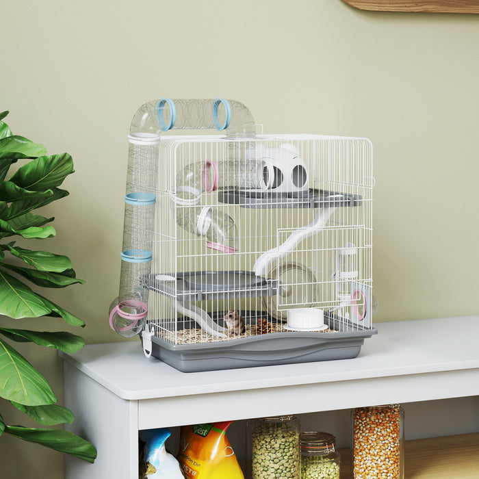 Cage a hamster 3 niveaux, cage a gerbille portable avec tunnel, gris