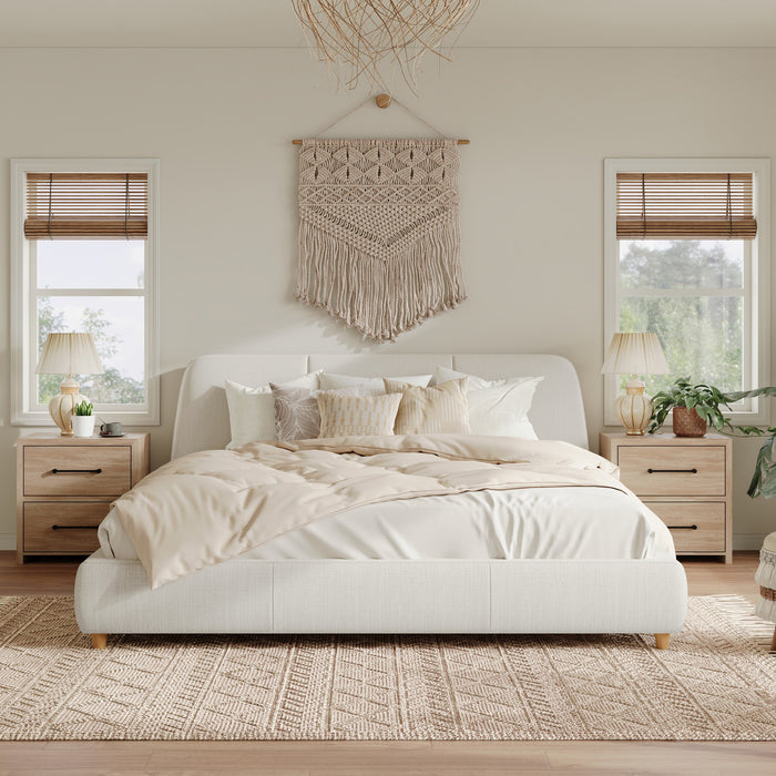 Lit Acheson Rembourre avec Tete de Lit en Lin Doux, Taille Queen - Beige