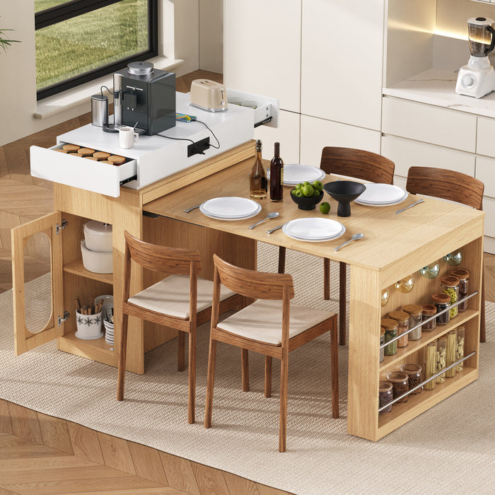 Table a manger extensible Logan avec plateau pliant et tiroirs de rangement, couleur naturelle