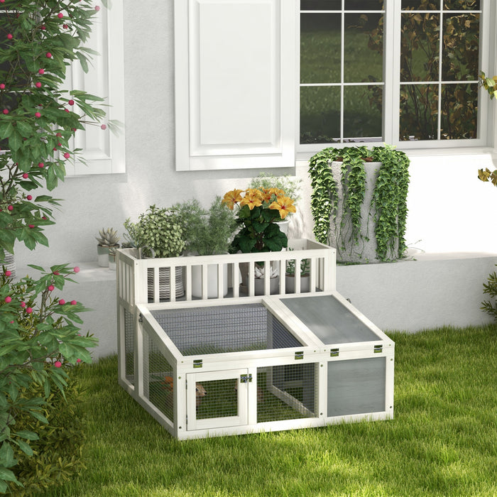 Pawhut Clapier A Lapin Exterieur Et Interieur Avec Etagere De Rangement, Cage A Lapin En Bois Pour Cochon D'inde Avec Enclos, Dessus Ouvrant, Pour 1 A 2 Lapins, 37\" X 35\" L X 24\", Gris