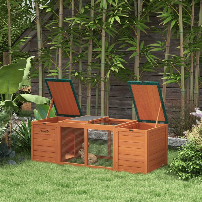 Pawhut Clapier D'exterieur En Bois Pour Cochon D'inde Avec Double Maison Principale, Dessus Ouvrant, Toits En Asphalte Pour 1 A 2 Lapins, 55\" X 20.5\" X 18\", Orange
