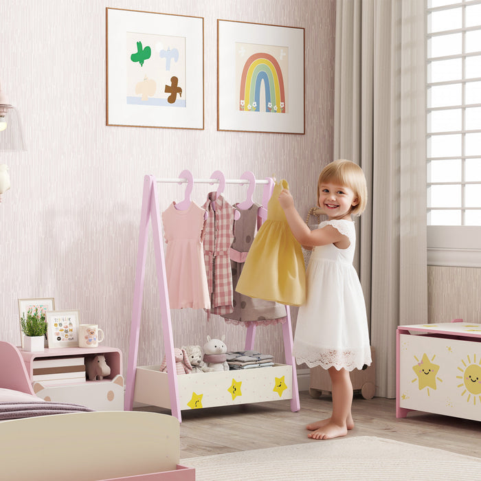 Qaba Portant a vetements pour enfants avec rangement et cintres, rose