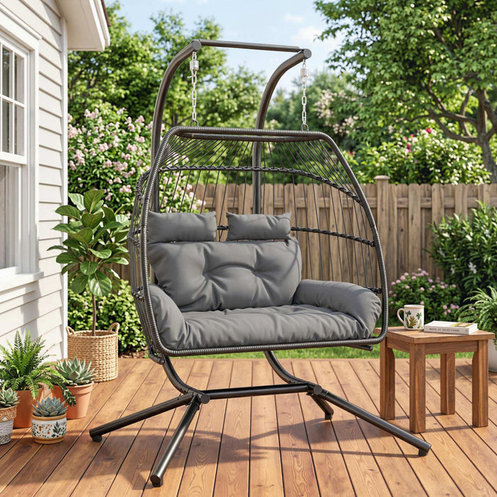 Outsunny Chaise double suspendue avec auvent, chaise hamac pliable, gris