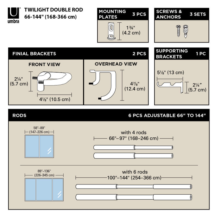  Tringle à rideaux coupe-lumière extensible double Twilight de Umbra nickel mat de 3/4 po - 66 po à 144 po