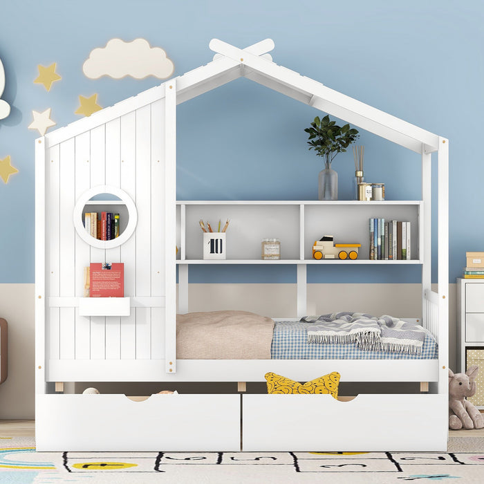Lit Maison Jeames en Bois avec 2 Tiroirs de Rangement et Etagere, Taille Twin - Blanc