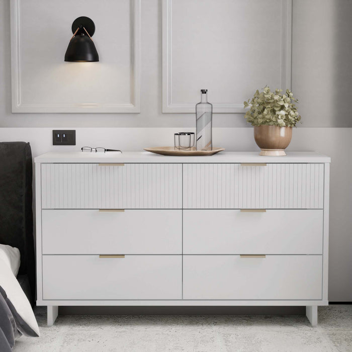 Commode Granville Moderne 55\" en blanc (6 tiroirs)