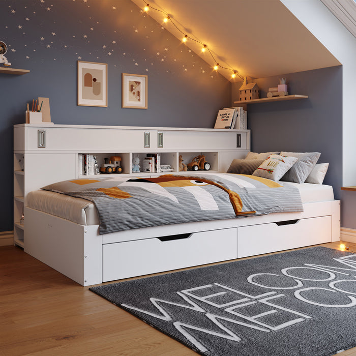 Banquette-lit Liam avec tiroirs de rangement et etageres integrees, taille full, blanc
