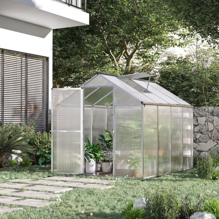 Outsunny 8' L X 6' W Serre En Polycarbonate Avec Event De Toit Pour Ventilation Et Gouttiere Serre De Passe-temps Pour L'hiver