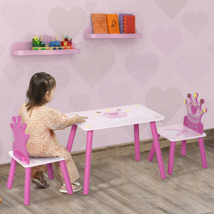 Qaba Lot De 3 Chaises De Table En Bois Pour Enfants Avec Motif De Couronne Facile A Nettoyer Cadeau Pour Filles Tout-petits De 3 A 5 Ans Rose