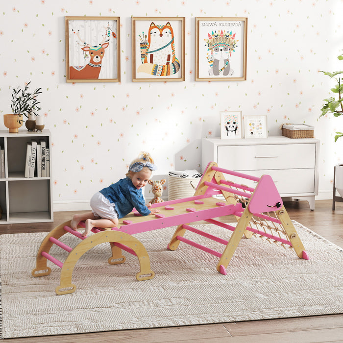 Qaba Ensemble triangle 8-en-1 Pikler, jouets d'escalade pliables en bois avec arche, rampe et echelle, gymnastique de jungle interieure Montessori pour les 18 a 48 mois, rose