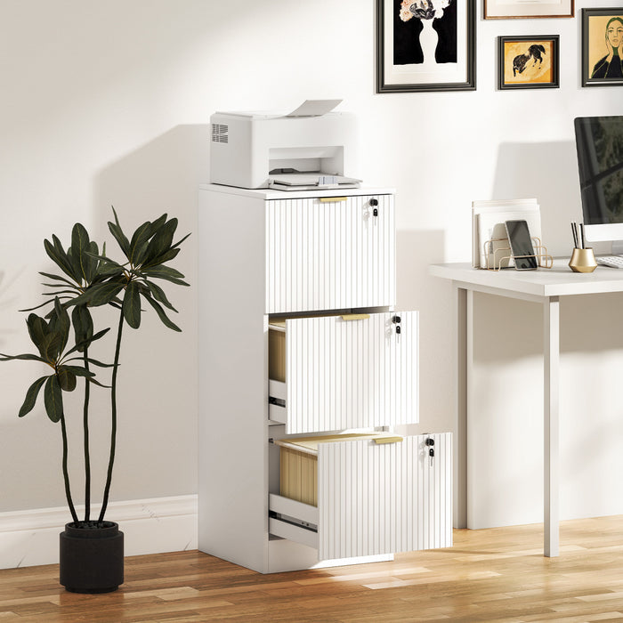 HOMCOM Classeur vertical cannele a 3 tiroirs avec serrure, blanc
