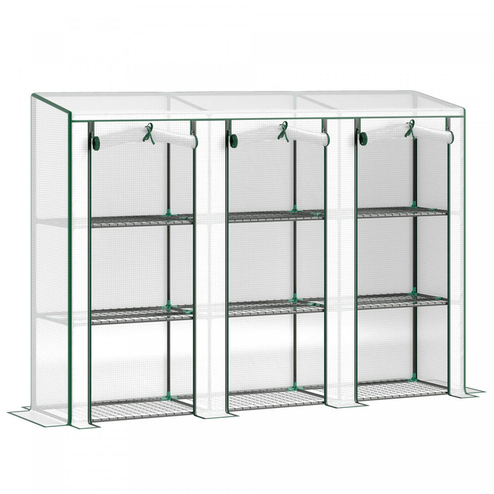 Outsunny Mini Serre Adossee Avec 3 Etageres, 3 Portes Enroulables, Blanc