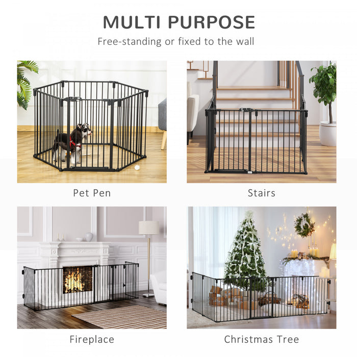 Pawhut Barriere De Securite Pour Animaux Domestiques, Parc A 6 Panneaux, Cheminee, Arbre De Noel, Cloture En Acier, Barriere D'escalier, Separateur De Piece, Fermeture Automatique, Verrouillage, Noir
