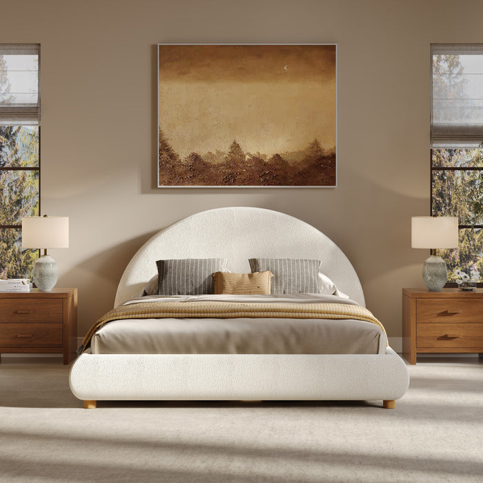 Lit plateforme Harold avec tete de lit incurvee ronde en tapisserie bouclee et cadre bas, taille Queen, blanc