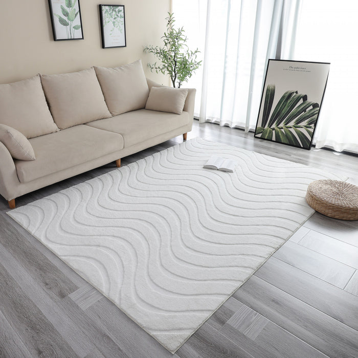 Tapis Lavable A Poils Longs Motif Vagues Blanc Perle 8'x10'