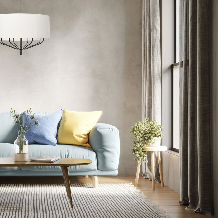Lustre Eleanor de Dainolite avec abat-jour blanc, fini noir mat et 8 ampoules