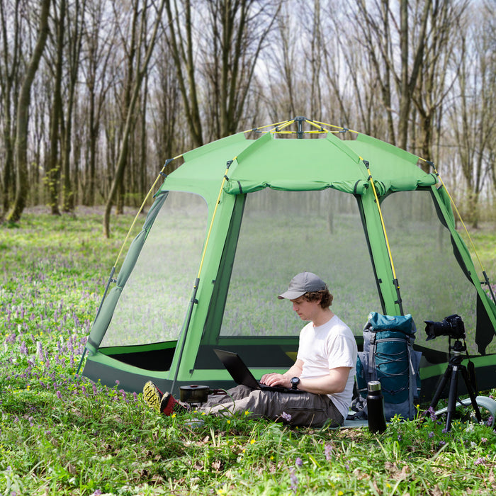 Outsunny Tente De Camping Design Pop-up 6 Personnes, Tente De Randonnee En Tissu A 2 Niveaux Avec 4 Fenetres 2 Portes Sac De Transport Portable Pour La Peche, La Randonnee, Vert