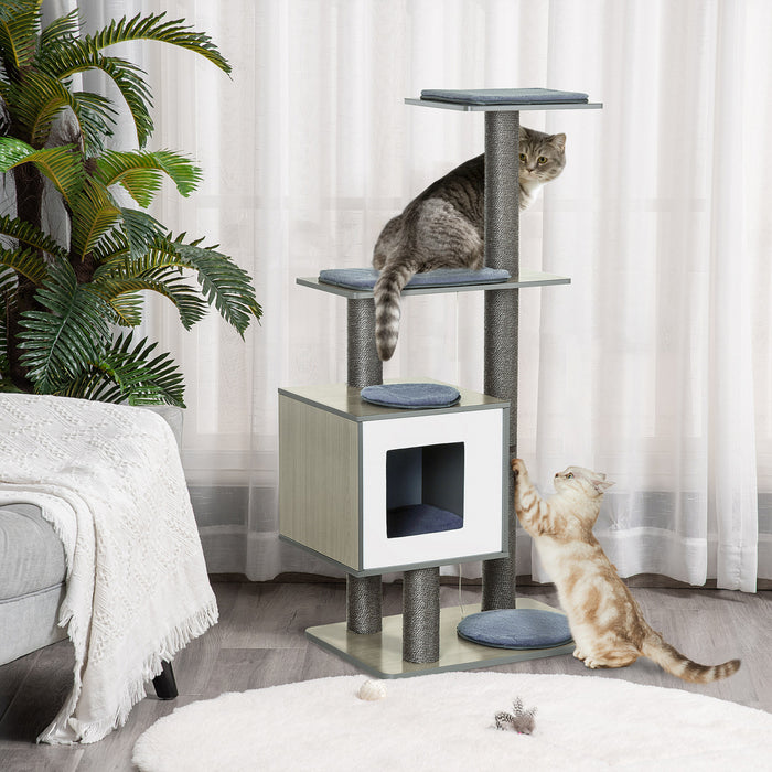 Arbre A Chats Design Contemporain Griffoirs Grattoirs Sisal Naturel Centre D\u0092activites Niche Plate-formes Jeu Boules Suspendues 66l X 47l X 120h Cm Mdf Hetre Gris