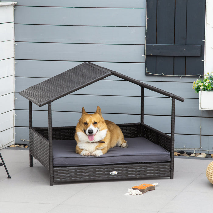 Pawhut Lit Pour Chien En Rotin Sureleve Pawhut Lit De Chien En Osier Exterieur Meubles Pour Animaux De Compagnie Canape-lit Avec Coussin Rembourre Et Abri De Toit Gris
