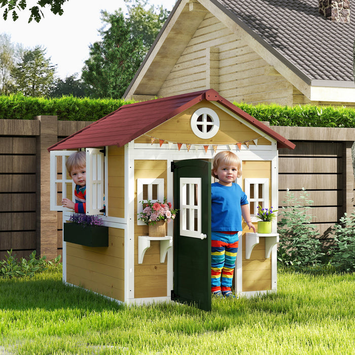 Outsunny Maison de jeux d'exterieur pour enfants, equipement de jeu d'exterieur en bois avec porte, fenetres, pots de fleurs et boites pour les tout-petits de 3 a 8 ans, beige