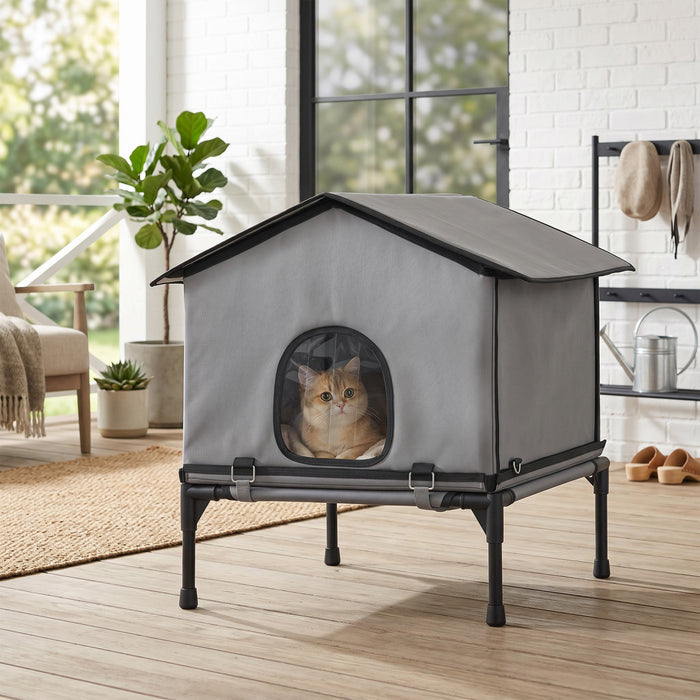 Maison pour chat d'exterieur PawHut, chenil pour chat impermeable et isole avec base surelevee, coussin, abri pliable pour chatons sauvages pour interieur et exterieur, gris