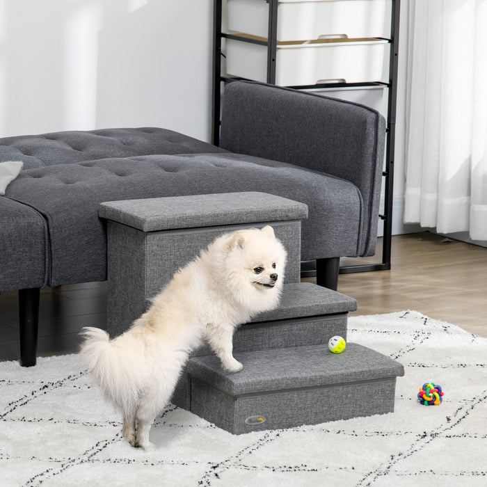 Pawhut Escaliers Pour Animaux Domestiques, Marches Pour Chien A 3 Niveaux Pour Canape Haut Avec Boite De Rangement, Echelle Portable Pour Petit Chat Et Chien, Gris Clair