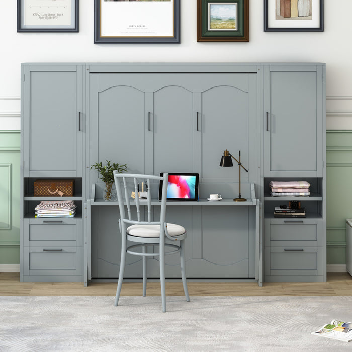 Lit Escamotable Joyce Format Queen Avec Tiroirs Et Etageres - Gris