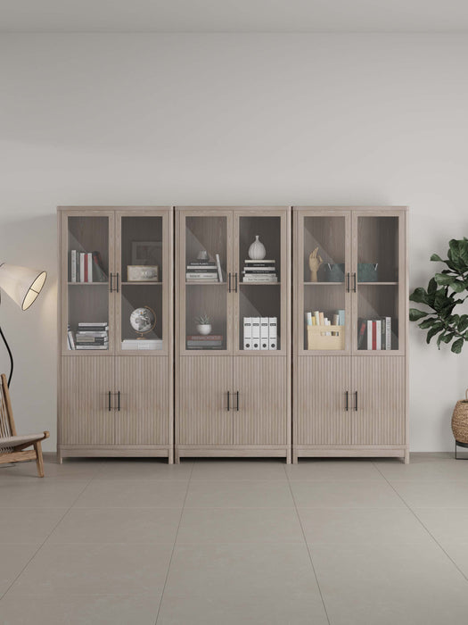 Ensemble de 3 bibliotheques-armoires Jodie style mi-siecle moderne 79 cm en chene blanchi (6 etageres)
