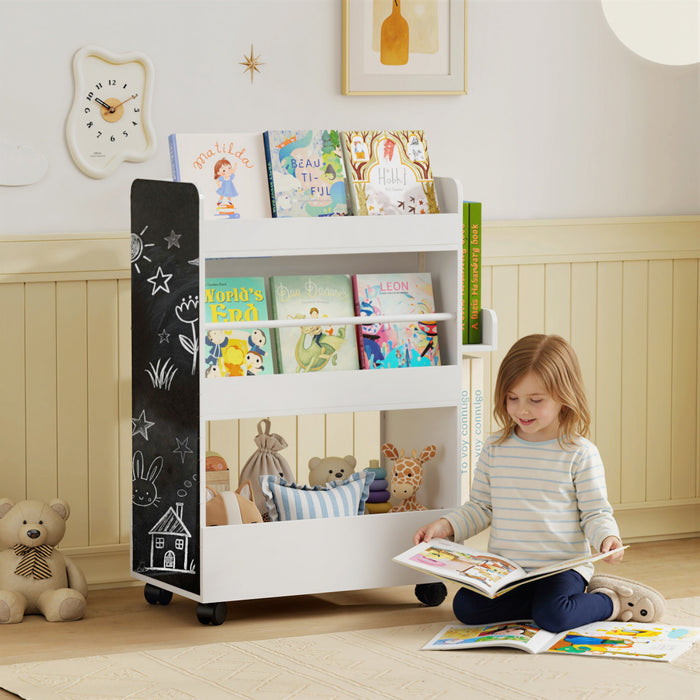 Qaba Bibliotheque pour Enfant avec Roulettes, Presentoir de Livres Recto-Verso avec Tableau Noir, Rangement de Jouets pour Creche, Salle de Jeu, Classe, pour 3 a 8 Ans, Blanc