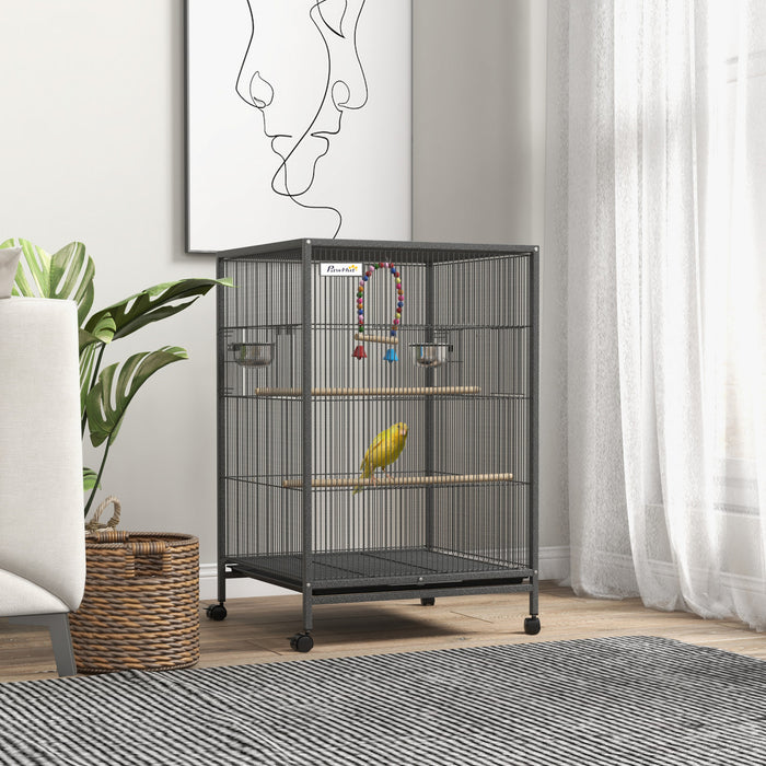 Pawhut Cage A Oiseaux 29\" Avec Support Roulant Pour Perroquets Et Pinsons, Grande Cage A Oiseaux Avec Balancoire Coloree, Bols En Acier Inoxydable, Plateau Amovible – Gris