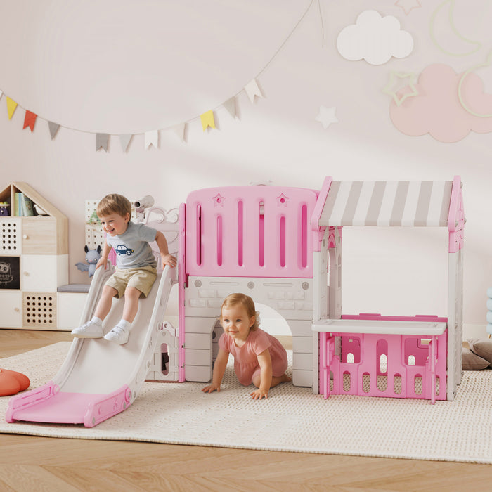 Qaba Toboggan 7 en 1 pour tout-petits avec maisonnette, toboggan d'escalade pour enfants avec panier de basket et tunnel pour jeux d'interieur de 1 a 4 ans, rose