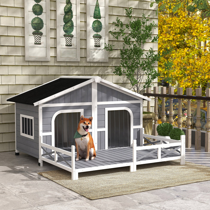 Pawhut 59\" X 64\" X 39\" Bois Grande Niche Pour Chien Style Cabine Elevee Abri Pour Animaux De Compagnie Avec Terrasse De Porche Gris