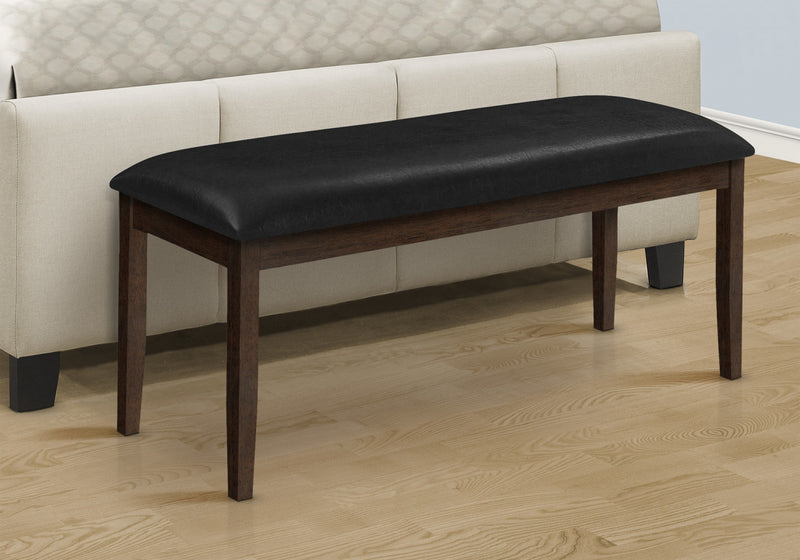 Banc rectangulaire de style transitionnel avec bois massif brun et apparence cuir noir pour la salle à manger, le couloir et l’entrée