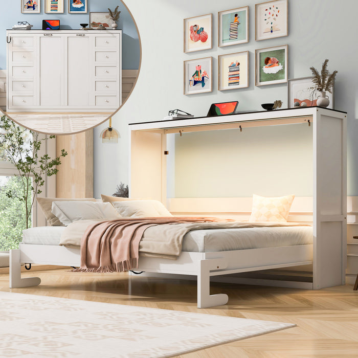 Lit escamotable Olivia en bois massif avec lumiere LED et armoire pliante, taille full, blanc