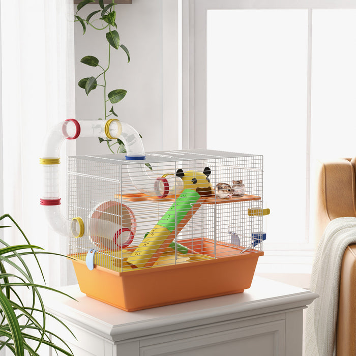 Pawhut Cage A Hamster A 3 Niveaux Pour Petits Animaux, Cage Pour Hamster Nain Et Gerbille Avec Tunnels Complets, Bouteille D'eau, Roue D'exercice, Plat A Nourriture, Rampes, 18\" X 11\" X 15\" – Orange