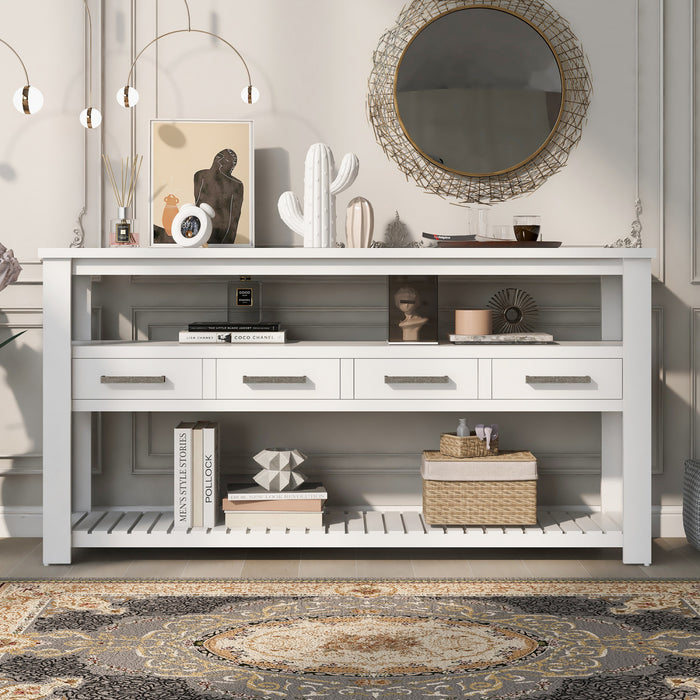 Table d'entree Ava 62,2'' avec tiroirs et etageres ouvertes, blanche