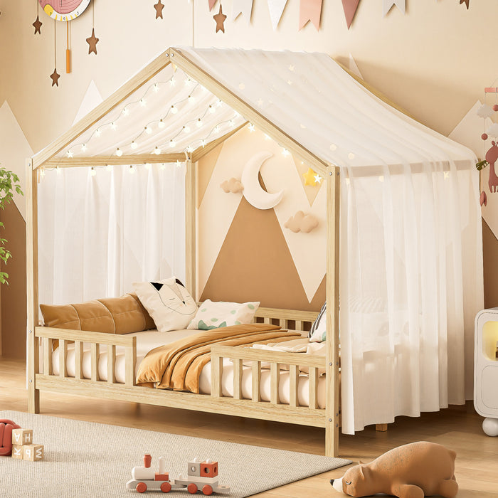 Paul Lit Montessori au sol avec baldaquin et barrieres hautes, Taille Double, Bois Naturel