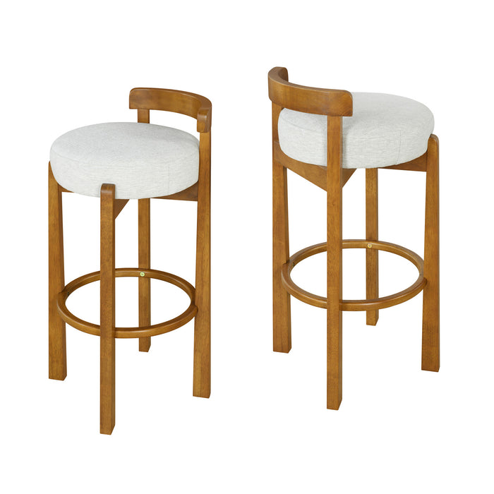 Elise – Lot de 2 tabourets de bar modernes a assise ronde en bois d’hevea avec dossier incurve de soutien et revetement en sherpa, couleur ivoire