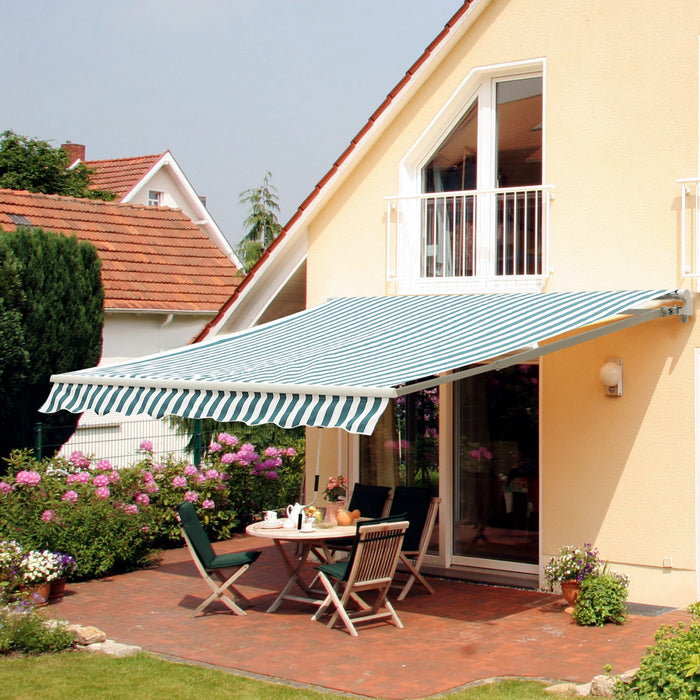 Outsunny 12' X 10', Store Banne Auvent Retractable Manuel, Abri Solaire Exterieur Pour Patio, Balcon, Cour, Avec Design Ajustable Et Polyvalent, Vert Et Blanc