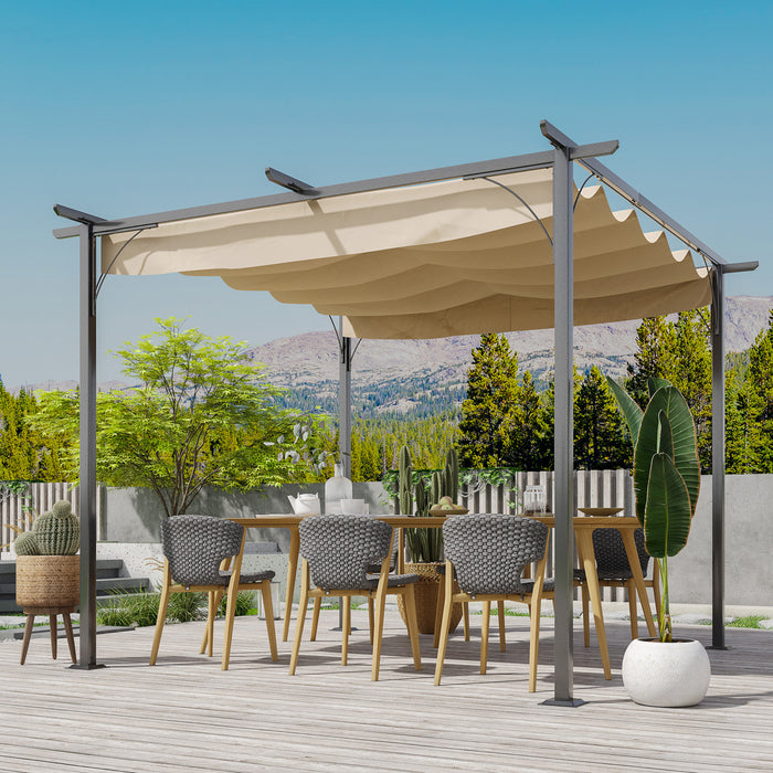 Pergola Retractable 3l X 3l X 2,30h M Structure Metal Epoxy Anticorrosion Noire + Toile Polyester Haute Densite 180 G/mĠ Incluse Beige