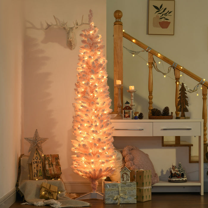 Homcom Sapin De Noel Artificiel Floque De Neige De 6 Pi Avec Lumiere, Rose