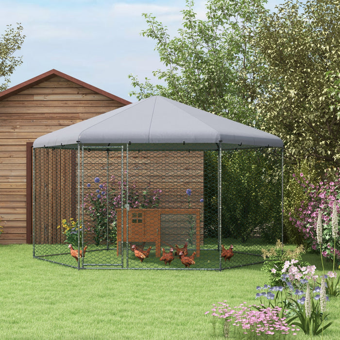Pawhut 13.1' X 11.4' Poulet Cooperative, Grand Poulet Avec Couvercle Pour Jardin Exterieur, Cage De Volaille En Metal Pour 10 A 15 Poulets, Lapins, Canards, Argent