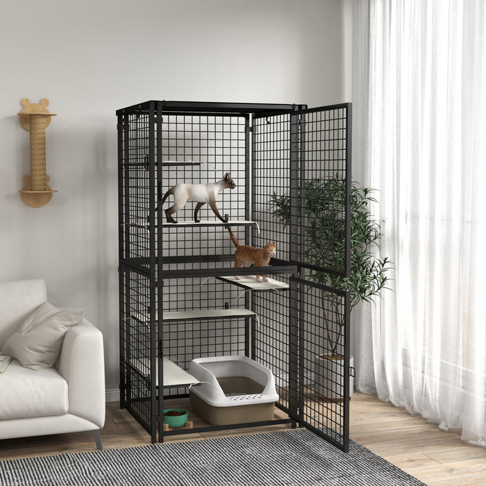 Pawhut 33 \"l Cag Cage Multi-level Catio Steel Exterieur Chat Enceinte Avec Couvercle Resistant Aux Uv Et A L'eau, 5 Plates-formes, Coussinets Mous, Portes Doubles, Noir