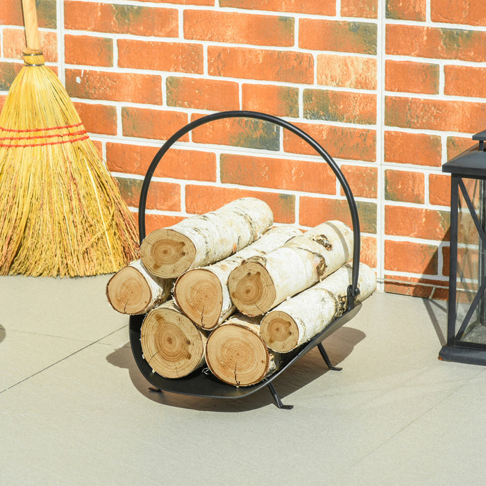Outsunny 16\" Porte-buches De Cheminee Incurve Porte-buches De Cheminee Porte-panier De Rangement En Bois Avec Poignee, Pour Une Utilisation En Exterieur Et En Interieur, Noir
