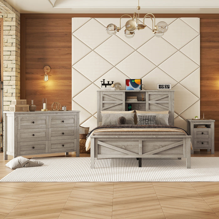 Madison Ensemble de chambre avec lit plateforme style ferme, rangement et station de recharge, taille Full, gris