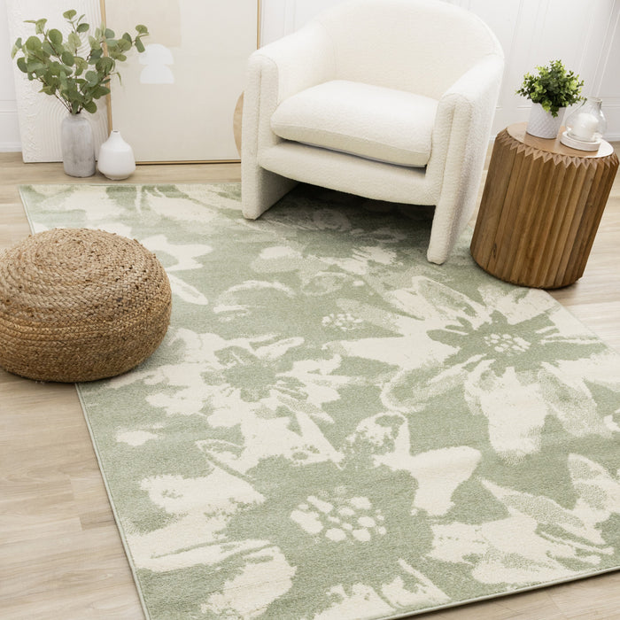 Carpette Ellis verte et crème à motif floral - 7 pi 10 po x 10 pi 6 po
