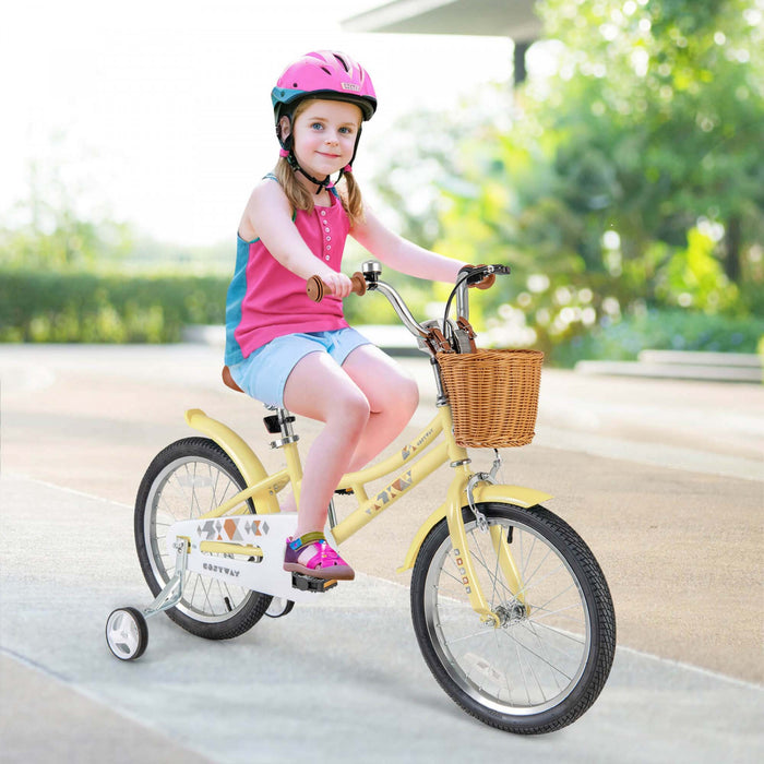 Costway 18\" Velo Enfants Avec Guidon Reglable En Hauteur Siege Panier Cloche Roues D'entrainement Jaune