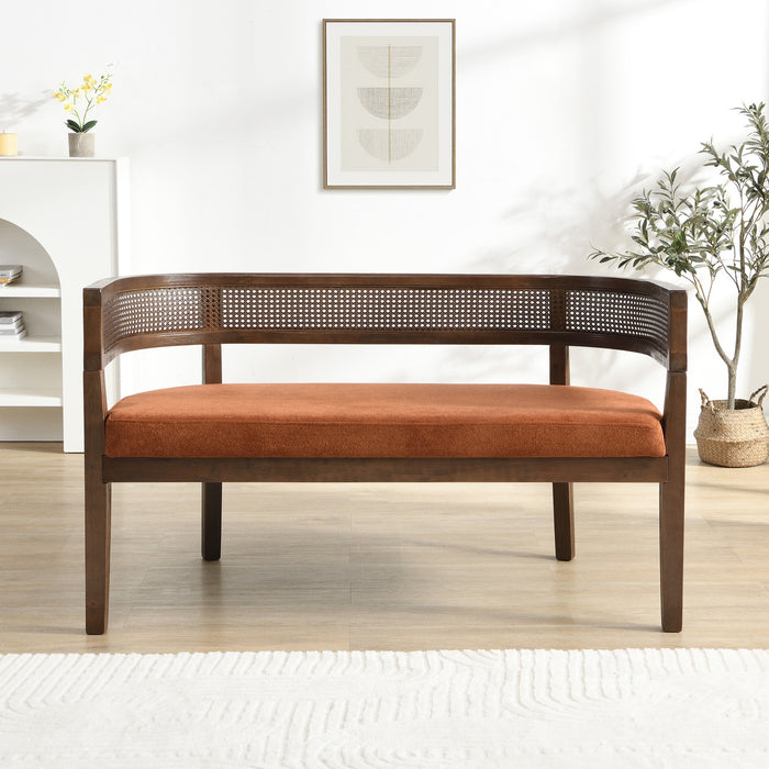 Rattan Causeuse Rembourree en Rotin 47.5 po avec Dossier Tisse Main, Orange Fonce, Noyer