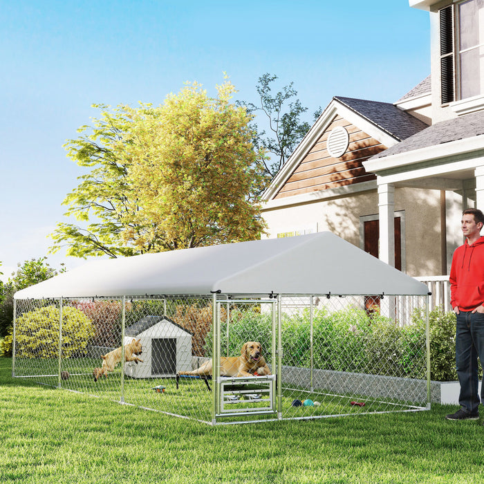 Dog Run W/ Adjustable & Rotating Bowls, 19.7' X 7.5' X 5.2'