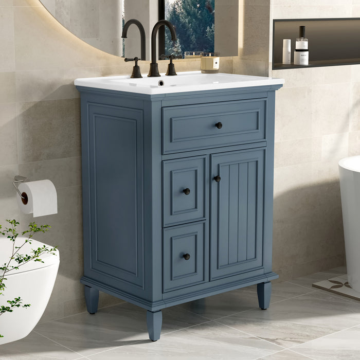 Vivo Meuble-Lavabo Simple 24 po avec Tiroir Bascule et Pieds en Bois Massif, Bleu Gris
